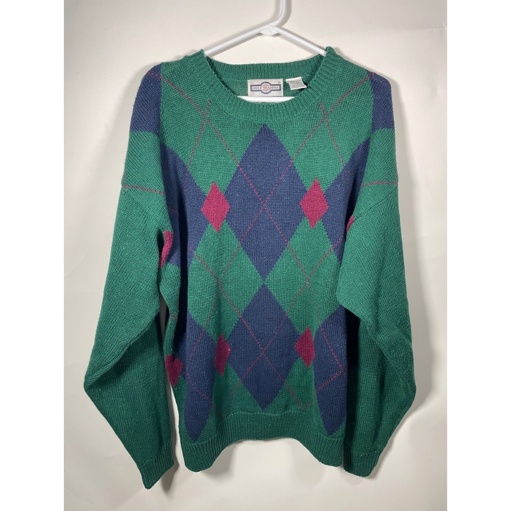 Vintage Gulf‎ Traders Argyle Sweater Mens XL Green Blue Knit Pullover